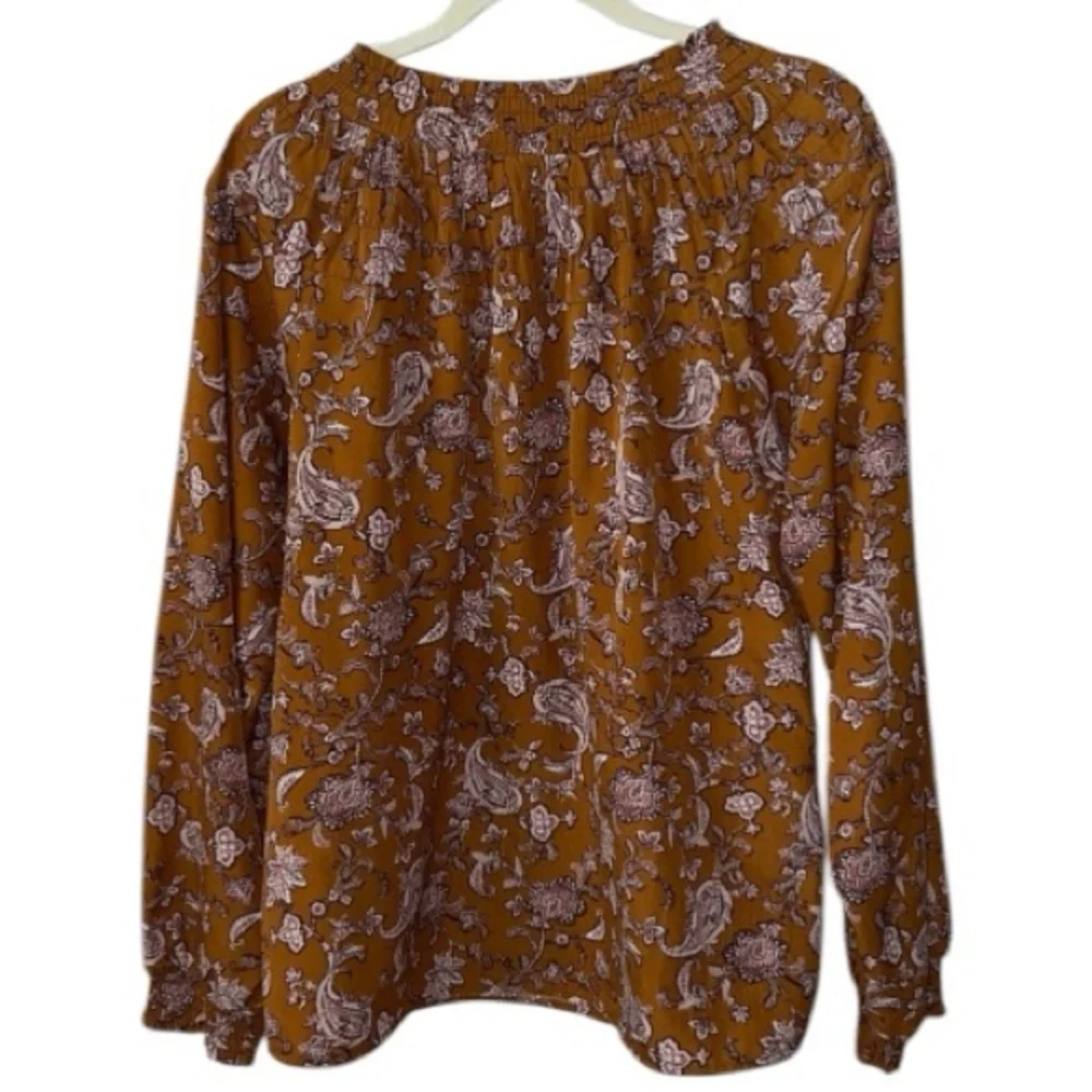THML Paisley Floral Brown Smocked Long Sleeve Blouse Top Size M